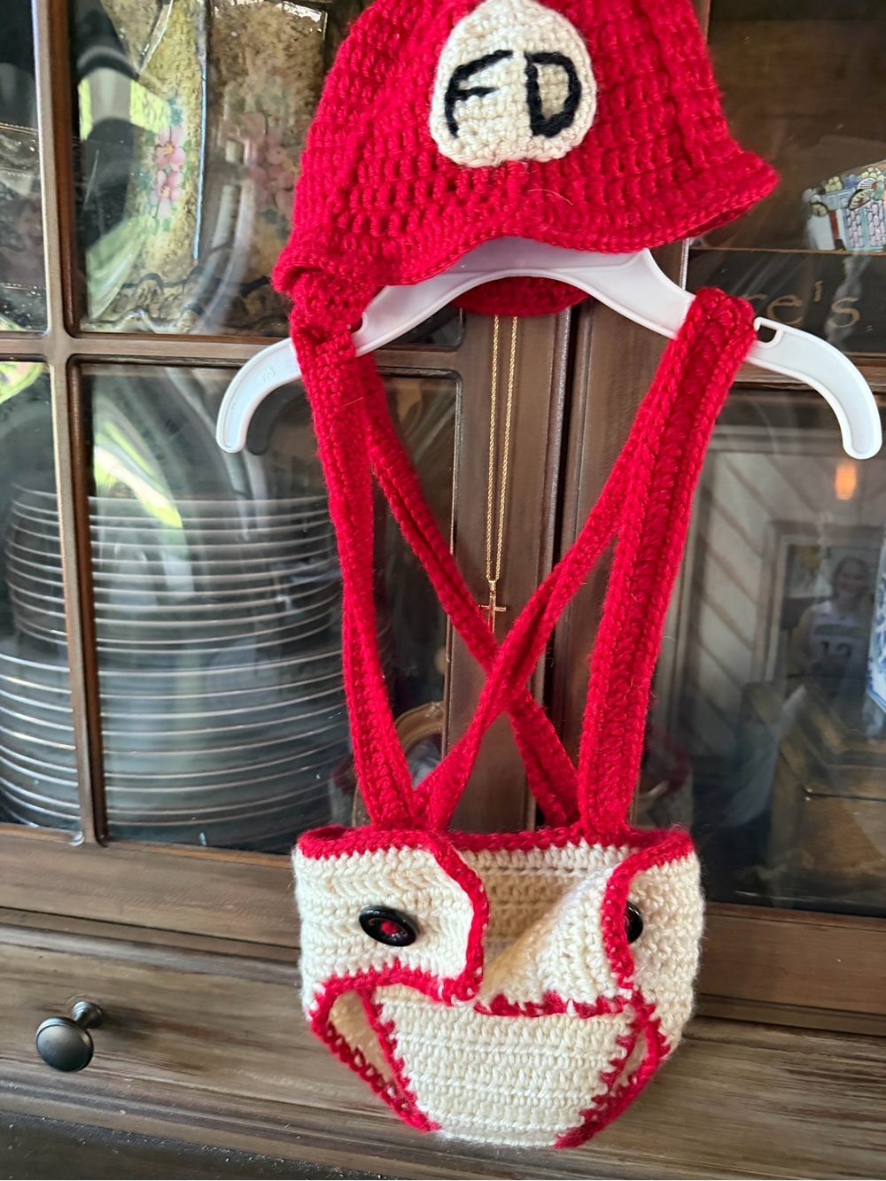 Red and Cream Crochet Diaper Cover with Suspenders